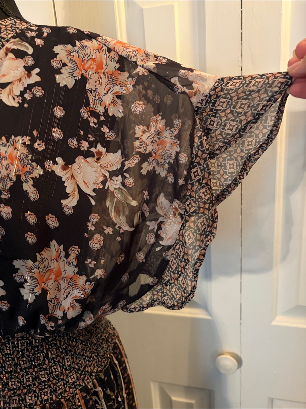 Black Boho Floral Maxi Dress with Smocked Waist and V-Neck - Picture 6 of 9